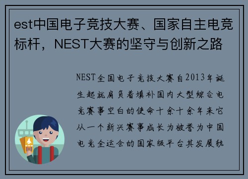 est中国电子竞技大赛、国家自主电竞标杆，NEST大赛的坚守与创新之路